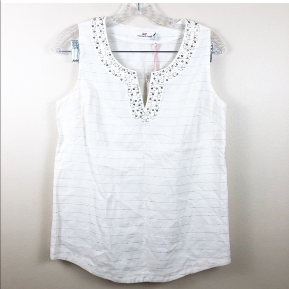 VINEYARD VINES Shimmer Beaded Linen Tank Top Sz 0 - Picture 2 of 8